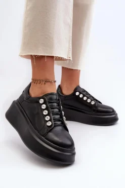 Discount Damskie buty S.Barski Skórzane Sneakersy Damskie Na Masywnej Platformie Czarne S.Barski LR628