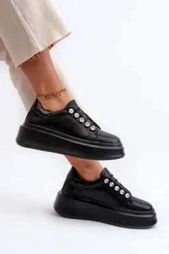 Discount Damskie buty S.Barski Skórzane Sneakersy Damskie Na Masywnej Platformie Czarne S.Barski LR628