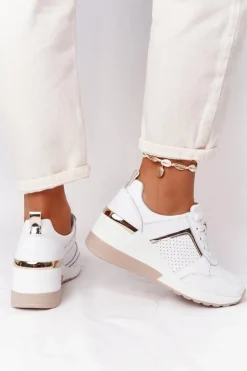 Damskie buty S.Barski Sneakersy Damskie*Skórzane Sneakersy Na Koturnie S.Barski Białe