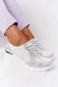 Online Damskie buty S.Barski Skórzane Sneakersy Na Koturnie S.Barski Biało-Srebrne