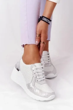 Online Damskie buty S.Barski Skórzane Sneakersy Na Koturnie S.Barski Biało-Srebrne