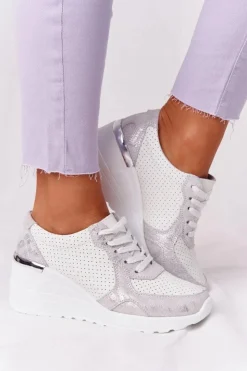 Online Damskie buty S.Barski Skórzane Sneakersy Na Koturnie S.Barski Biało-Srebrne