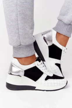 Damskie buty S.Barski Sneakersy Damskie*Skórzane Sneakersy Na Koturnie S.Barski Czarno-Białe