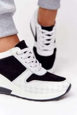 Damskie buty S.Barski Sneakersy Damskie*Skórzane Sneakersy Na Koturnie S.Barski Czarno-Białe