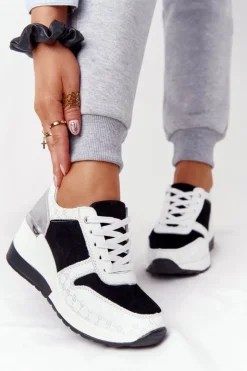 Damskie buty S.Barski Sneakersy Damskie*Skórzane Sneakersy Na Koturnie S.Barski Czarno-Białe