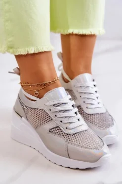 Damskie Damskie buty S.Barski Skórzane Sneakersy Na Koturnie Z Siateczką S.Barski Srebrne