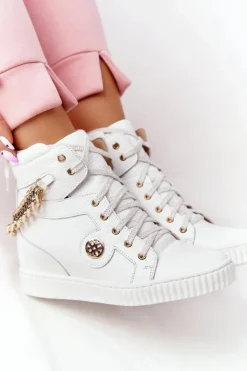 Damskie Boto Skórzane Sneakersy Na Koturnie Lewski Shoes 3004-0 Białe
