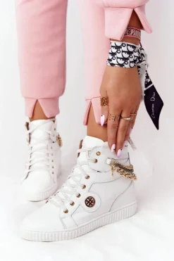 Damskie Boto Skórzane Sneakersy Na Koturnie Lewski Shoes 3004-0 Białe