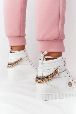 Damskie Boto Skórzane Sneakersy Na Koturnie Lewski Shoes 3004-0 Białe