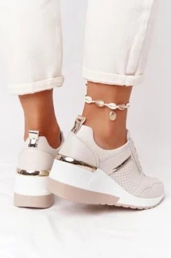 Discount Damskie buty S.Barski Skórzane Sneakersy Na Koturnie S.Barski Beżowe