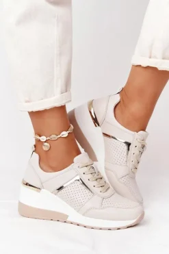 Discount Damskie buty S.Barski Skórzane Sneakersy Na Koturnie S.Barski Beżowe