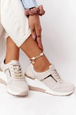 Discount Damskie buty S.Barski Skórzane Sneakersy Na Koturnie S.Barski Beżowe