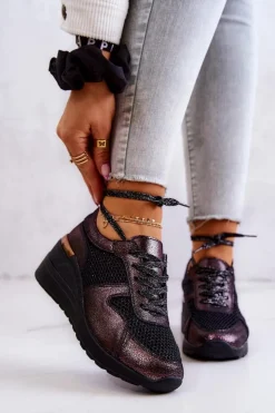 Damskie buty S.Barski Sneakersy Damskie*Skórzane Sneakersy Na Koturnie Z Siateczką S.Barski Czarne