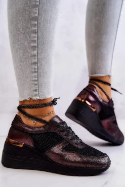 Damskie buty S.Barski Sneakersy Damskie*Skórzane Sneakersy Na Koturnie Z Siateczką S.Barski Czarne