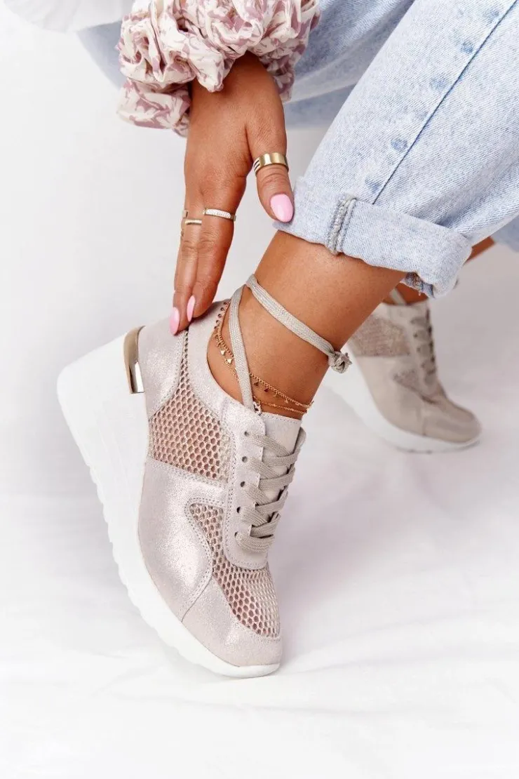 Sale Damskie buty S.Barski Skórzane Sneakersy Na Koturnie Z Siateczką S.Barski Złote