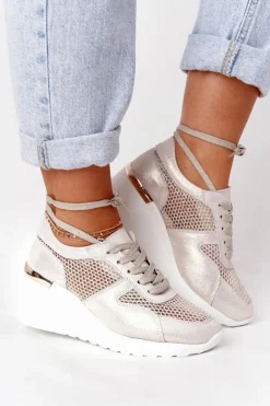 Sale Damskie buty S.Barski Skórzane Sneakersy Na Koturnie Z Siateczką S.Barski Złote