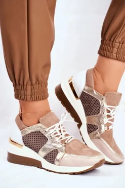 Boto Sneakersy Damskie*Skórzane Sneakersy Na Koturnie Beżowe Nicole 2562