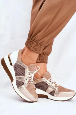 Boto Sneakersy Damskie*Skórzane Sneakersy Na Koturnie Beżowe Nicole 2562