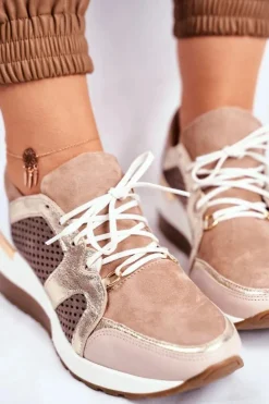 Boto Sneakersy Damskie*Skórzane Sneakersy Na Koturnie Beżowe Nicole 2562