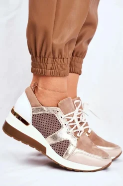 Boto Sneakersy Damskie*Skórzane Sneakersy Na Koturnie Beżowe Nicole 2562
