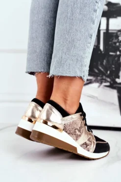 Damskie Boto Skórzane Sneakersy Na Koturnie Złote Nicole 2465
