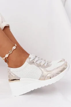 Damskie Damskie buty S.Barski Skórzane Sneakersy Na Koturnie S.Barski Biało-Złote