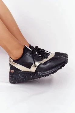 Best Damskie buty S.Barski Skórzane Sneakersy Na Koturnie S.Barski Czarno-Złote