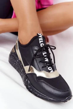 Best Damskie buty S.Barski Skórzane Sneakersy Na Koturnie S.Barski Czarno-Złote