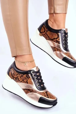 GOE Sneakersy Damskie|Botki Skórzane*Skórzane Sneakersy Na Koturnie GG2N3044 Czarne