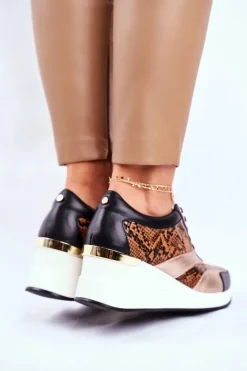 GOE Sneakersy Damskie|Botki Skórzane*Skórzane Sneakersy Na Koturnie GG2N3044 Czarne