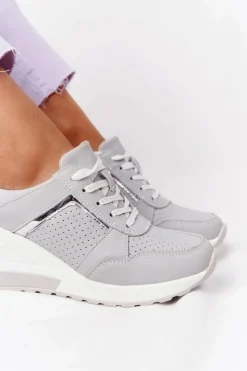 Damskie Damskie buty S.Barski Skórzane Sneakersy Na Koturnie S.Barski Szare