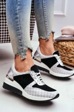 Boto Sneakersy Damskie*Skórzane Sneakersy Na Koturnie Biało-Czarne Nicole 2468