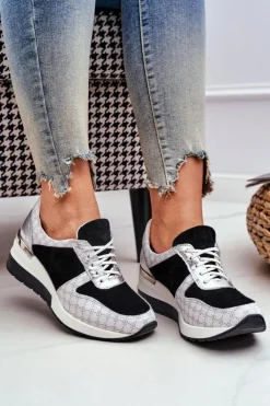Boto Sneakersy Damskie*Skórzane Sneakersy Na Koturnie Biało-Czarne Nicole 2468