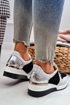 Boto Sneakersy Damskie*Skórzane Sneakersy Na Koturnie Biało-Czarne Nicole 2468