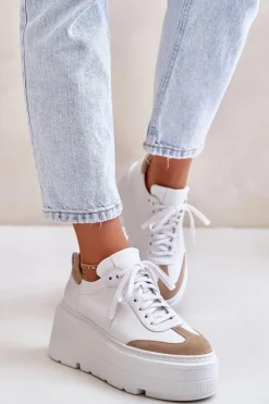 Hot Zazoo Skórzane Sneakersy Na Masywnej Platformie Lewski 3635/X Biało-Beżowe