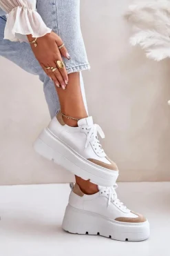 Hot Zazoo Skórzane Sneakersy Na Masywnej Platformie Lewski 3635/X Biało-Beżowe