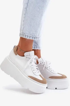 Hot Zazoo Skórzane Sneakersy Na Masywnej Platformie Lewski 3635/X Biało-Beżowe