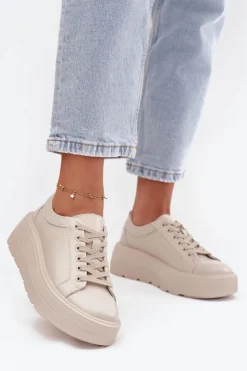 Evento Buty Sportowe Na Platformie*Skórzane Sneakersy Na Masywnej Platformie Beżowe Sylvessa