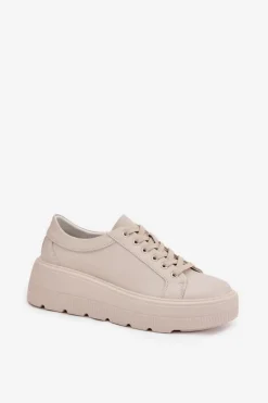 Evento Buty Sportowe Na Platformie*Skórzane Sneakersy Na Masywnej Platformie Beżowe Sylvessa