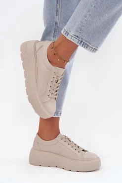 Evento Buty Sportowe Na Platformie*Skórzane Sneakersy Na Masywnej Platformie Beżowe Sylvessa