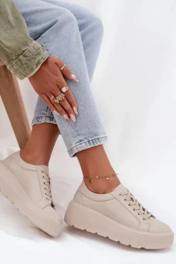 Evento Buty Sportowe Na Platformie*Skórzane Sneakersy Na Masywnej Platformie Beżowe Sylvessa