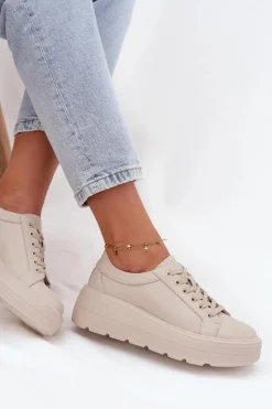 Evento Buty Sportowe Na Platformie*Skórzane Sneakersy Na Masywnej Platformie Beżowe Sylvessa
