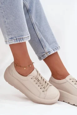 Evento Buty Sportowe Na Platformie*Skórzane Sneakersy Na Masywnej Platformie Beżowe Sylvessa
