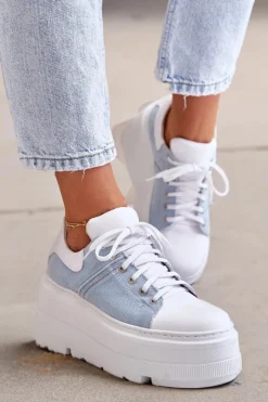 Zazoo Sneakersy Damskie*Skórzane Sneakersy Na Masywnej Platformie Jeansowe Lewski 3586 Białe