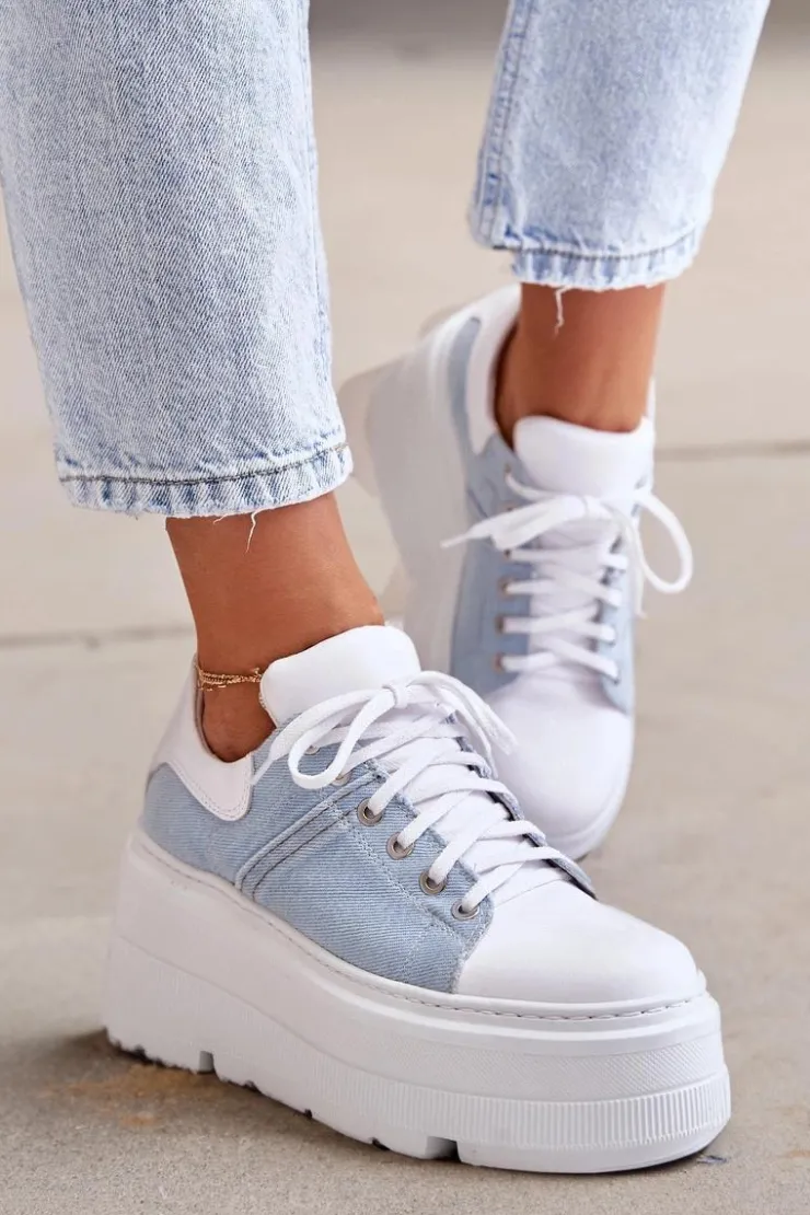 Zazoo Sneakersy Damskie*Skórzane Sneakersy Na Masywnej Platformie Jeansowe Lewski 3586 Białe