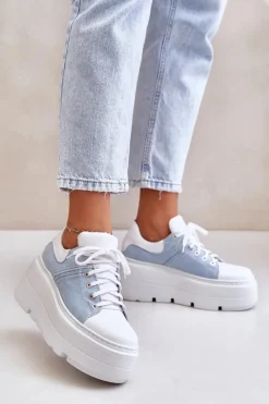 Zazoo Sneakersy Damskie*Skórzane Sneakersy Na Masywnej Platformie Jeansowe Lewski 3586 Białe