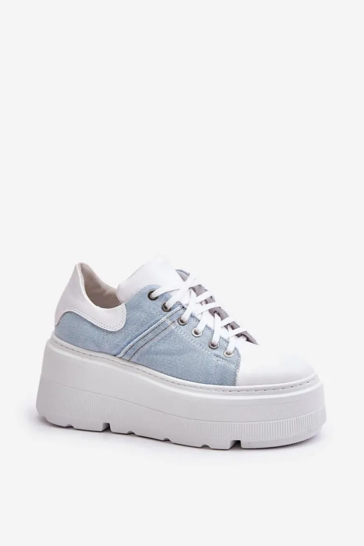Zazoo Sneakersy Damskie*Skórzane Sneakersy Na Masywnej Platformie Jeansowe Lewski 3586 Białe