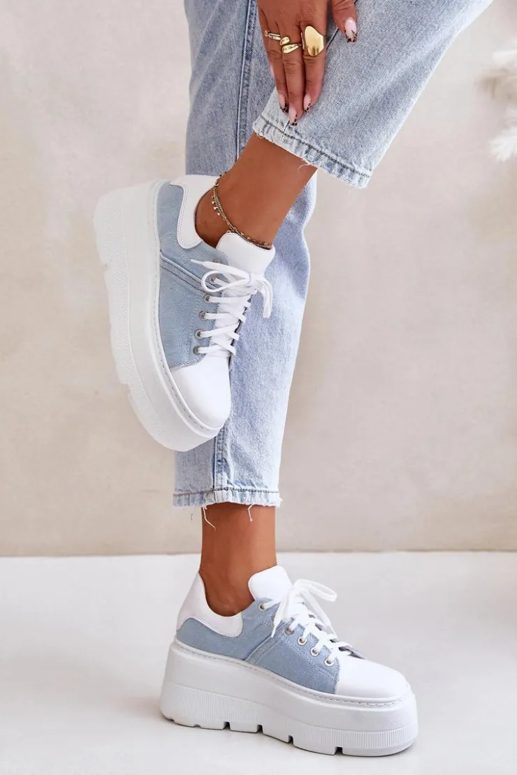 Zazoo Sneakersy Damskie*Skórzane Sneakersy Na Masywnej Platformie Jeansowe Lewski 3586 Białe