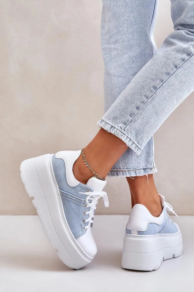 Zazoo Sneakersy Damskie*Skórzane Sneakersy Na Masywnej Platformie Jeansowe Lewski 3586 Białe