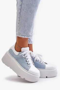 Zazoo Sneakersy Damskie*Skórzane Sneakersy Na Masywnej Platformie Jeansowe Lewski 3586 Białe